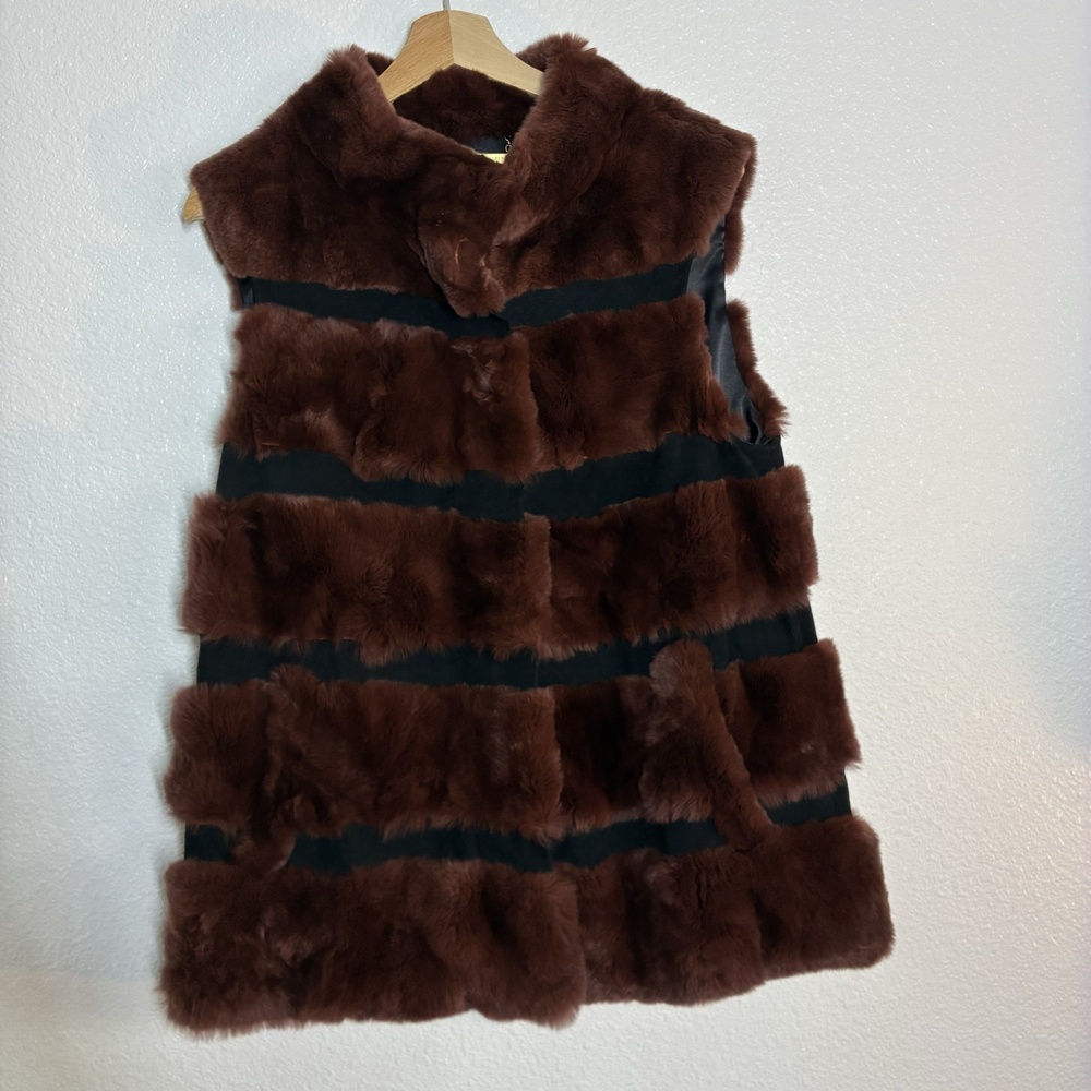 Diane Von Furstenberg Vest Womens Medium Brown Rex Rabbit Fur Zip Collared